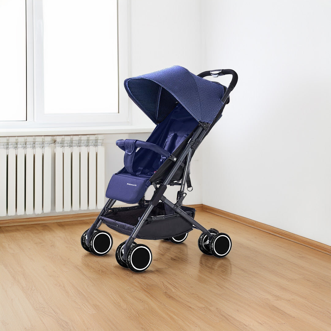 Foldable Baby Stroller Pram with Sun Canopy PU Wheels Blue