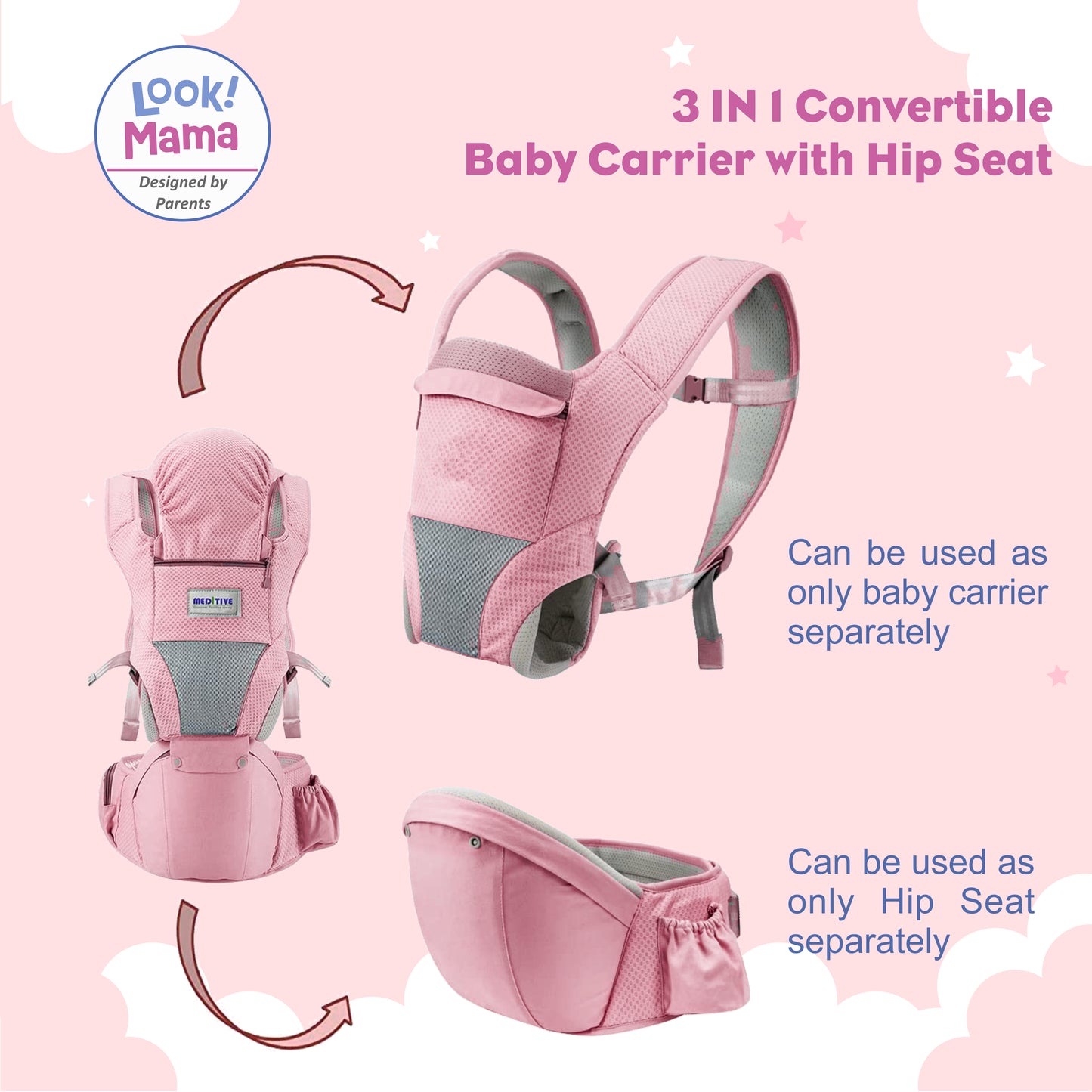 Baby Carrier with Detachable Hip Seat - Pink
