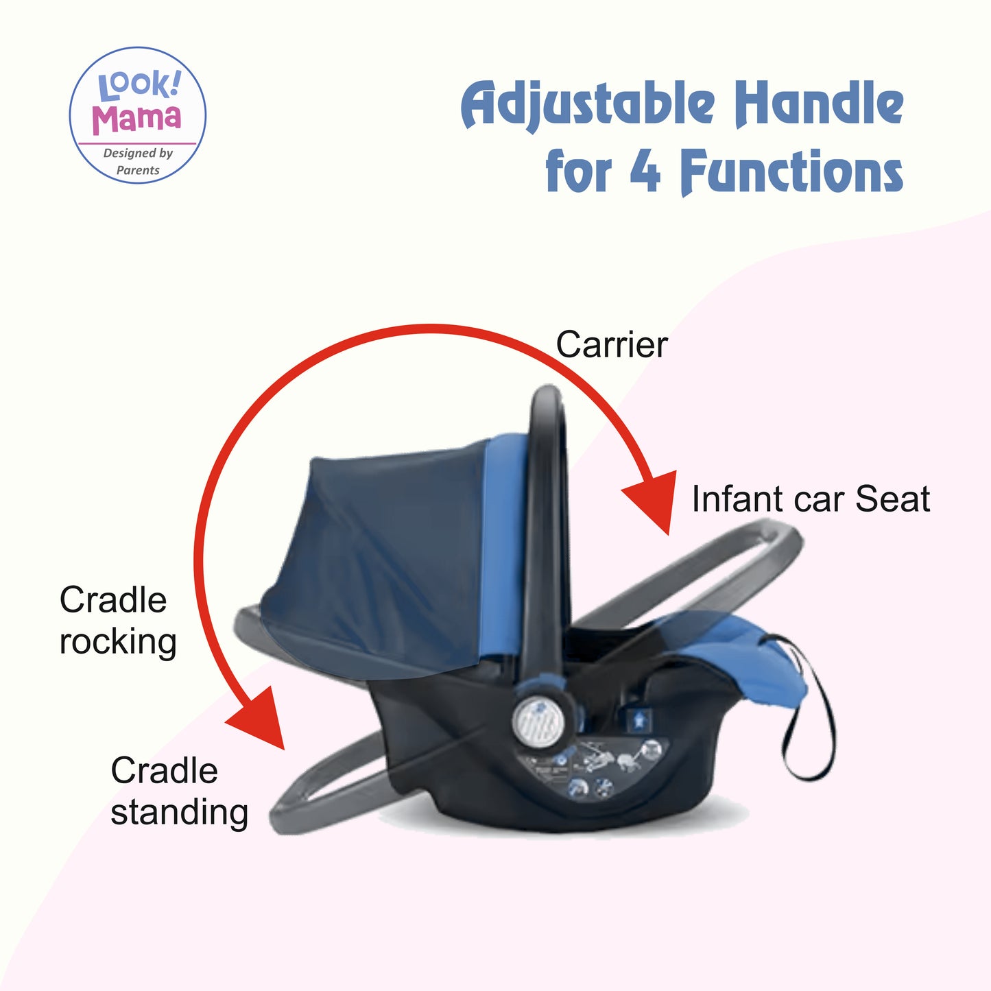 Look Mama 4-in-1 Baby Carry Cot, Infant Car Seat, Rocker & Feeding Chair - ECE R44/04 Certified, Lightweight Design with Adjustable Handle & UV Protection Canopy