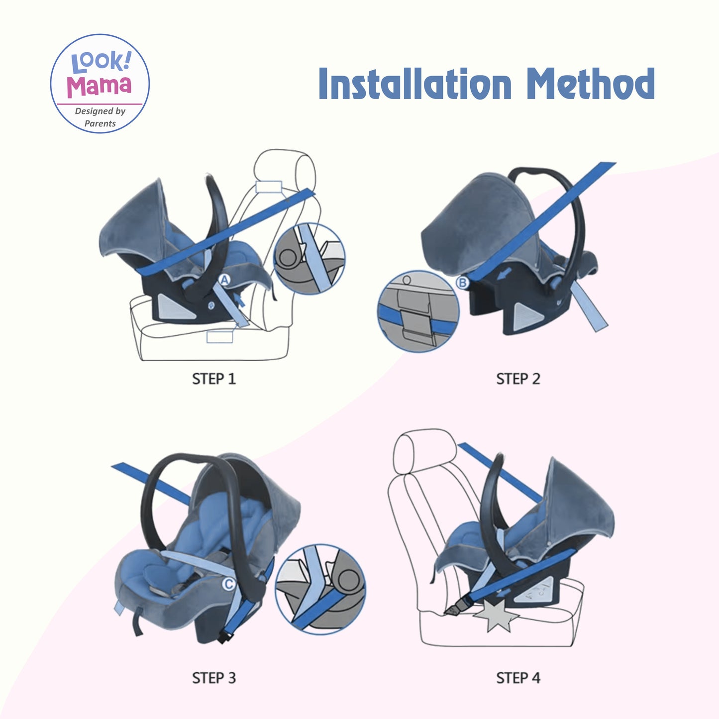 Look Mama 4-in-1 Baby Carry Cot, Infant Car Seat, Rocker & Feeding Chair - ECE R44/04 Certified, Lightweight Design with Adjustable Handle & UV Protection Canopy