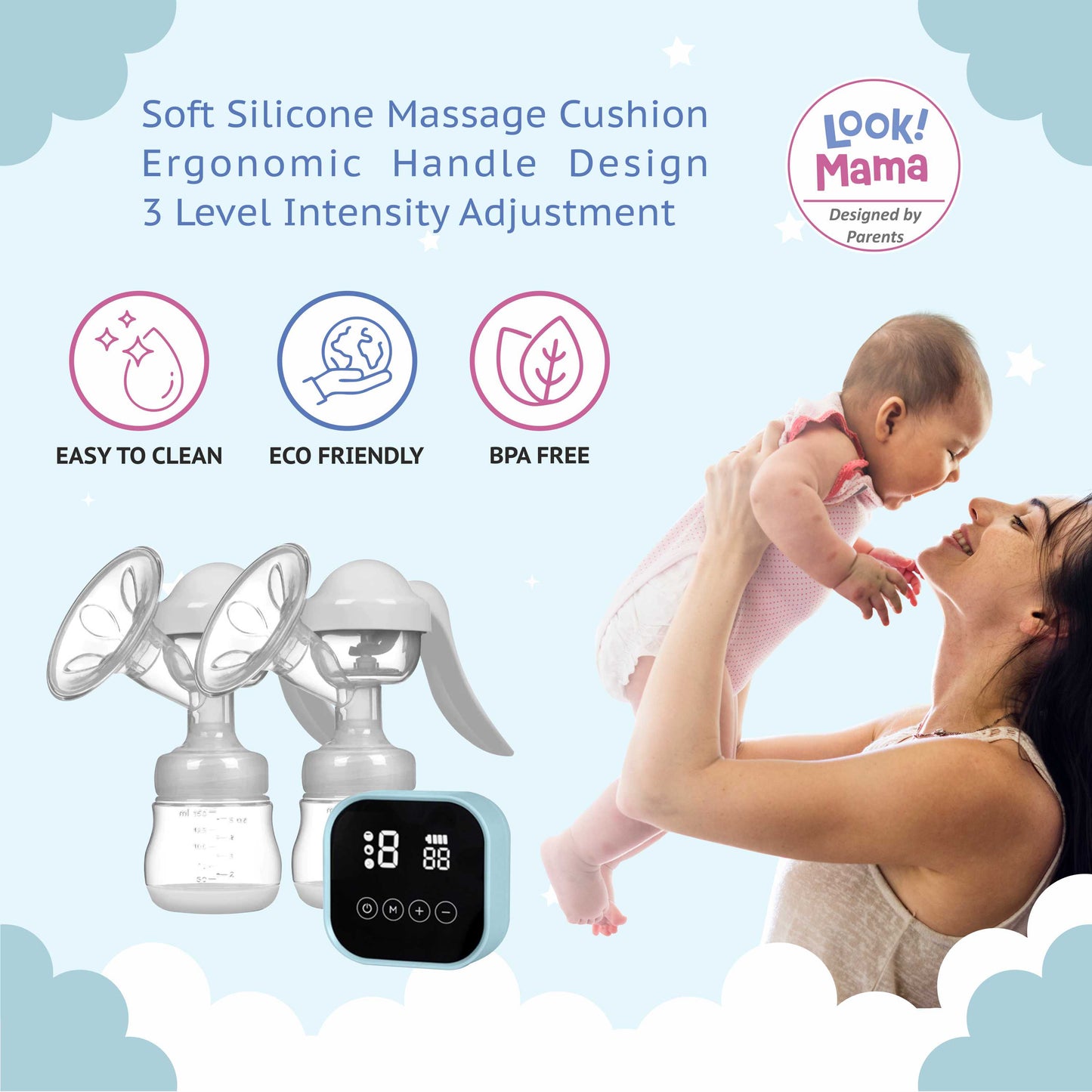 LOOK MAMA Rechargeable Electric Breast Pump for Mothers - Double