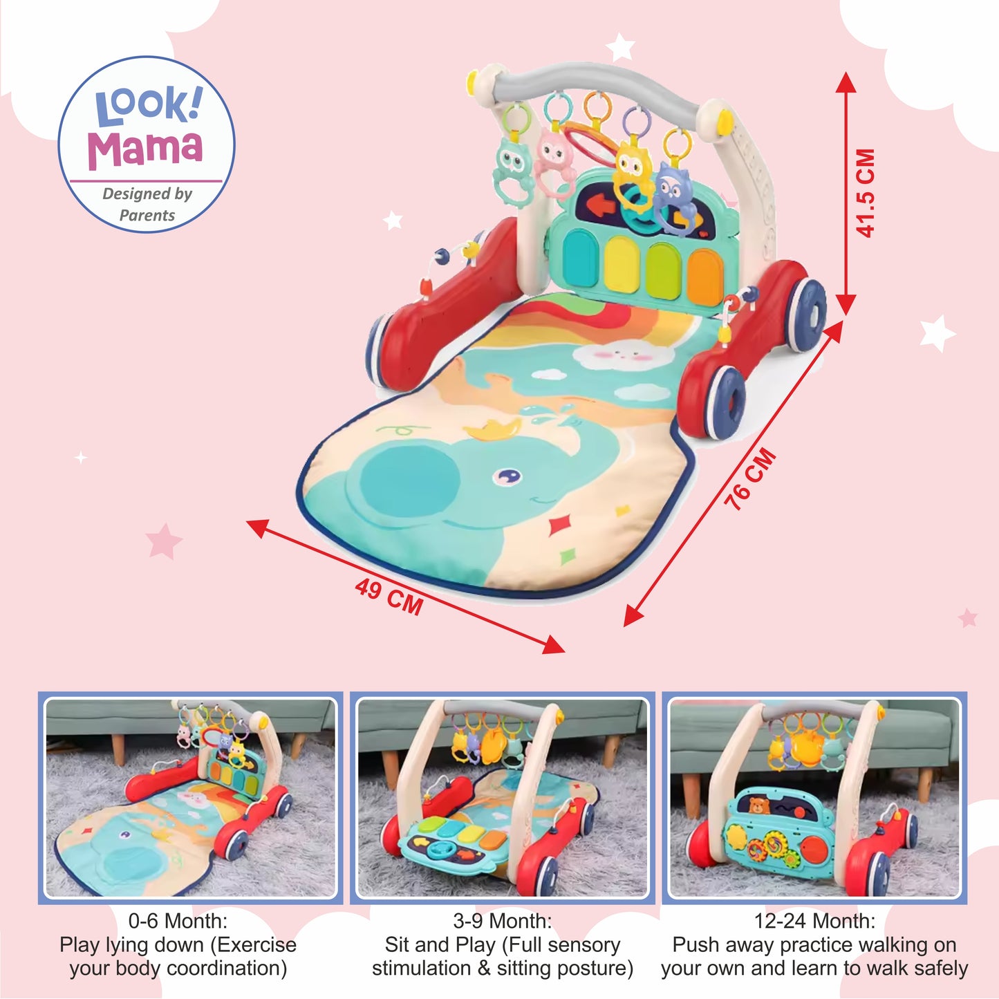 LOOK MAMA Musical Baby Play Gym with Convertible Walker