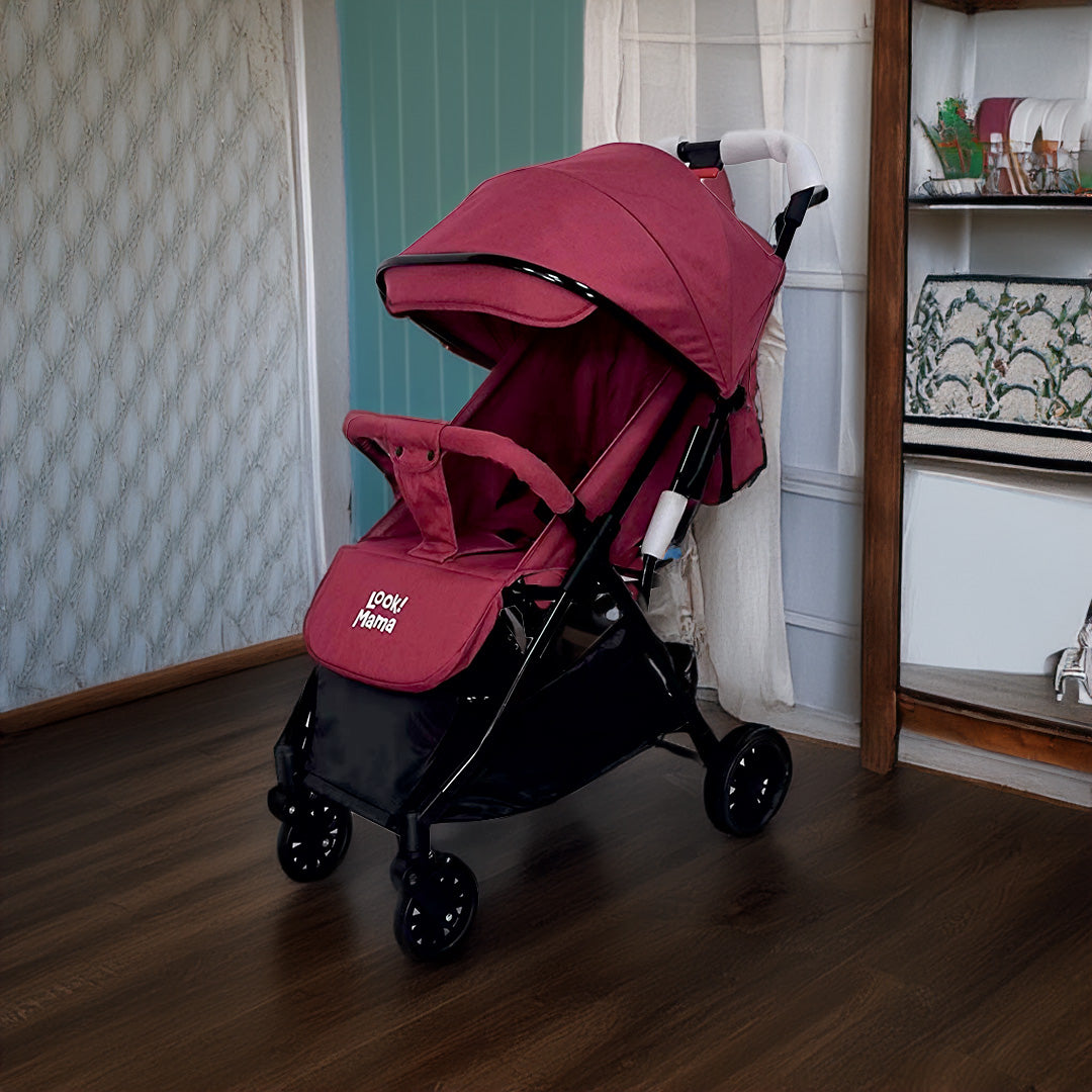 Foldable Baby Stroller Pram with Sun Canopy & PU Wheels - Red