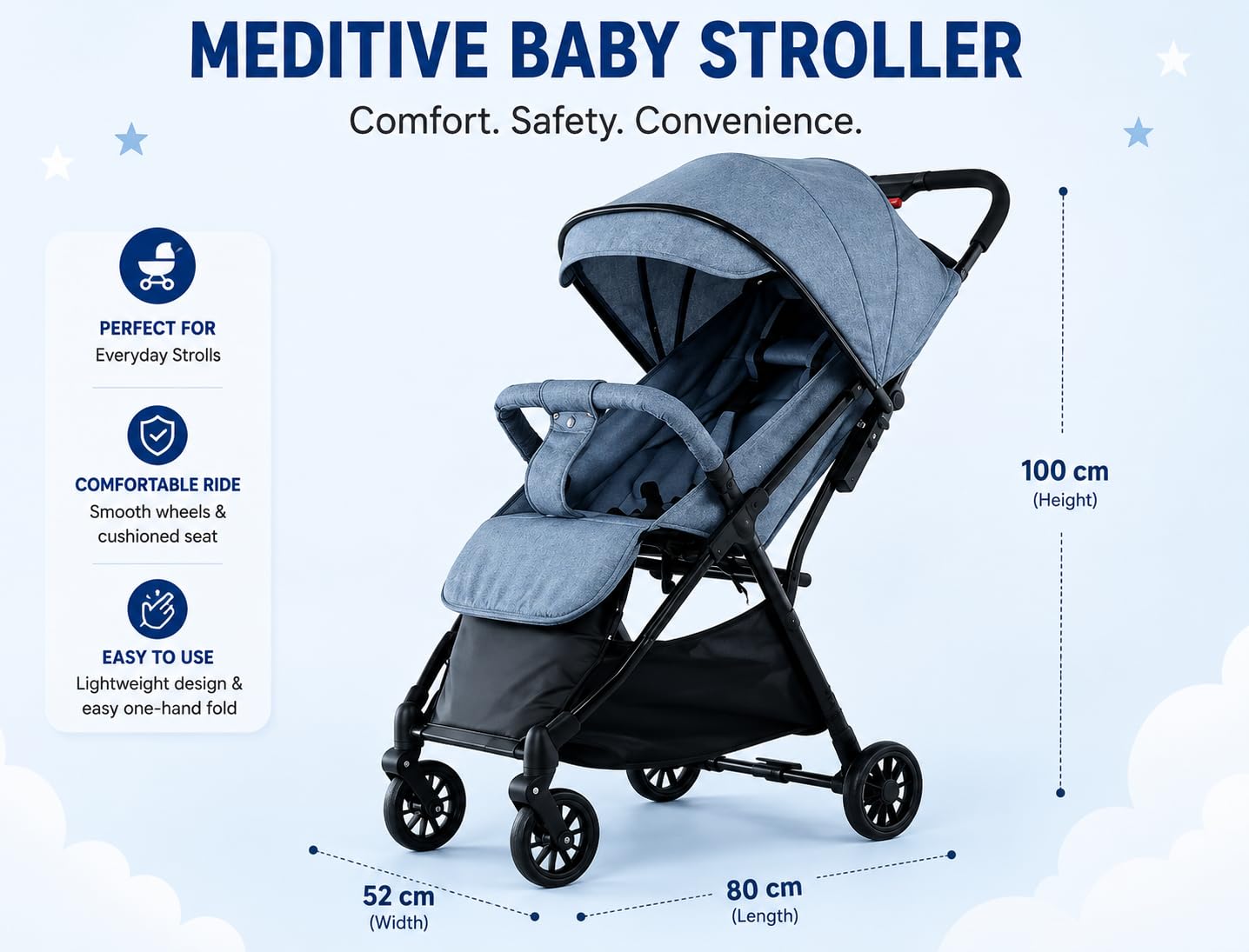 Foldable Baby Stroller Pram with Sun Canopy & PU Wheels - Grey