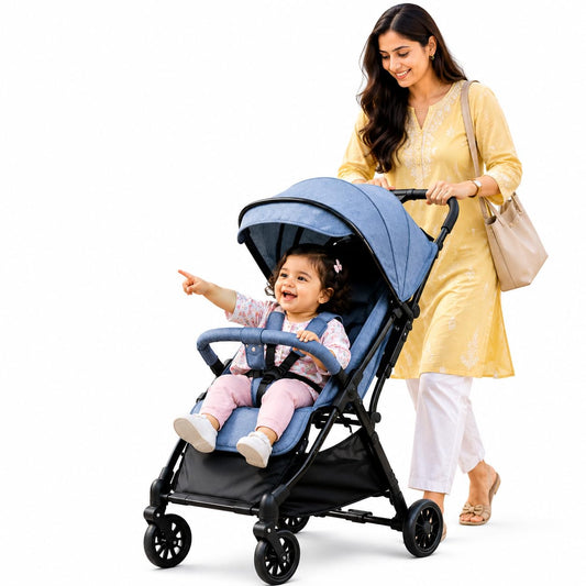 Foldable Baby Stroller Pram with Sun Canopy & PU Wheels - Grey