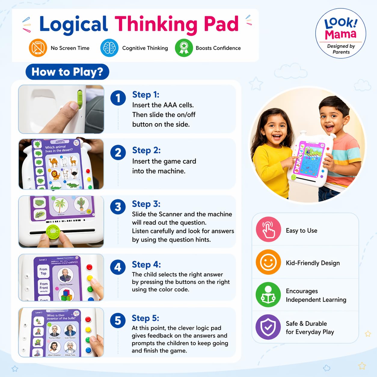 Thinking Logic Pad for Kids with 108 Cards and 216 Q&A. Reduce Kids Screen time, Encourages Self Learning and Cognitive Thinking