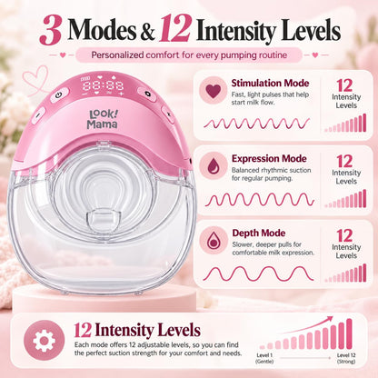 Premium Wearable Electric Breast Pump, Slim Hands-Free & Cordless Breast Milk Pump with 3 Modes & 12 Suction Levels, 6 Flange Sizes (15-27 mm), Quiet Rechargeable
