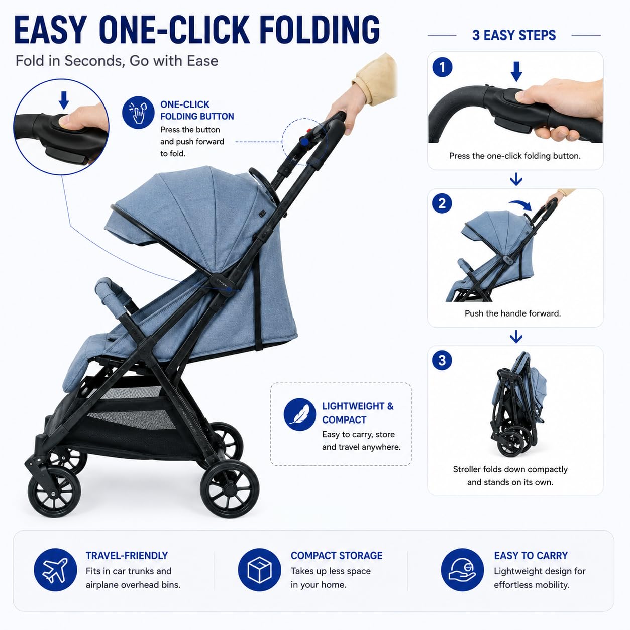 Foldable Baby Stroller Pram with Sun Canopy & PU Wheels - Grey