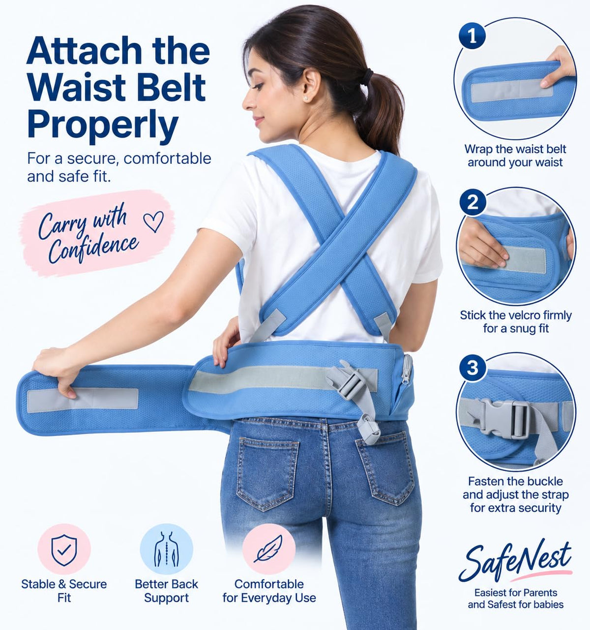 3 in 1 Cotton Baby Carrier with Detachable Hip Seat, Ergonomically Made, 4 to 24 Months