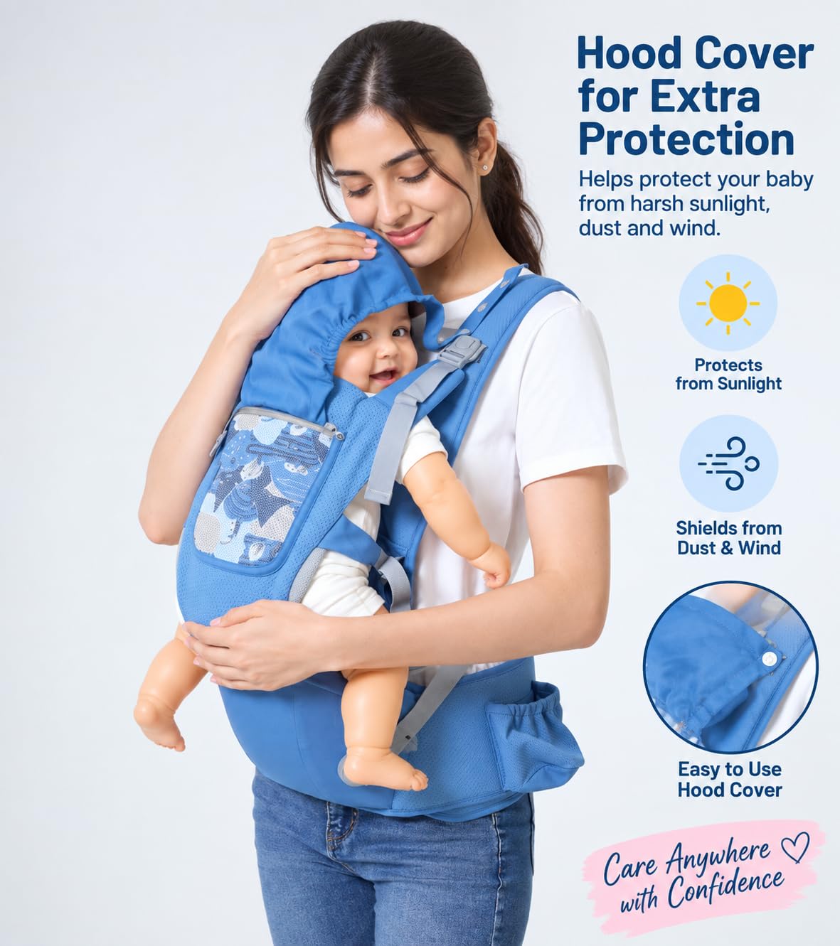 3 in 1 Cotton Baby Carrier with Detachable Hip Seat, Ergonomically Made, 4 to 24 Months