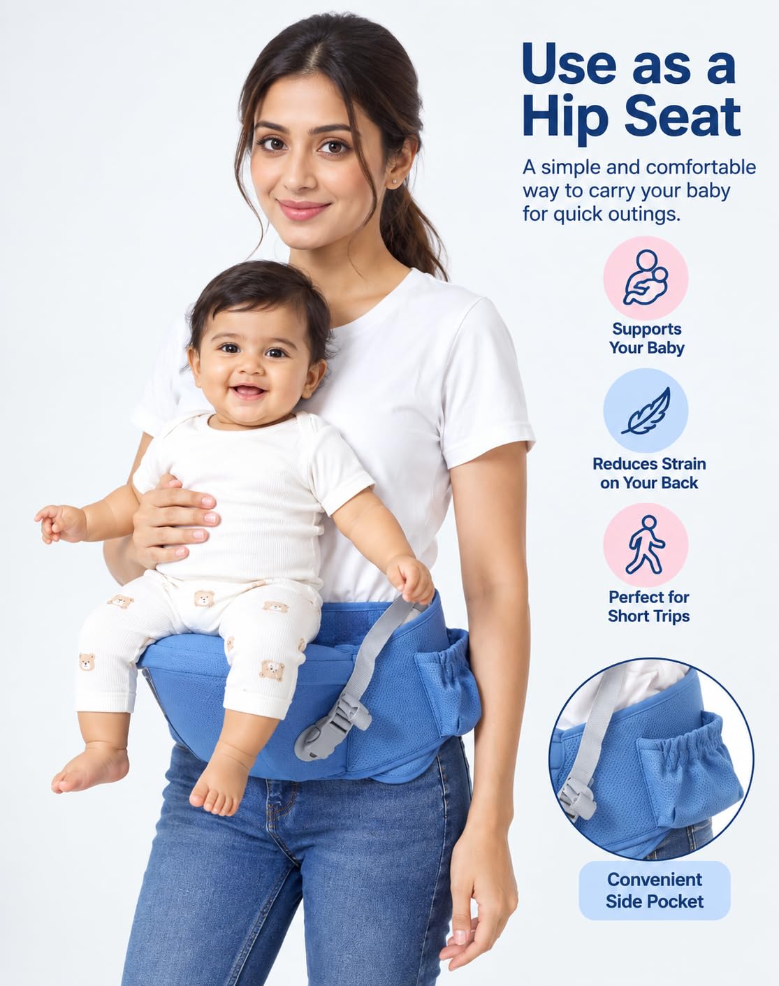 3 in 1 Cotton Baby Carrier with Detachable Hip Seat, Ergonomically Made, 4 to 24 Months