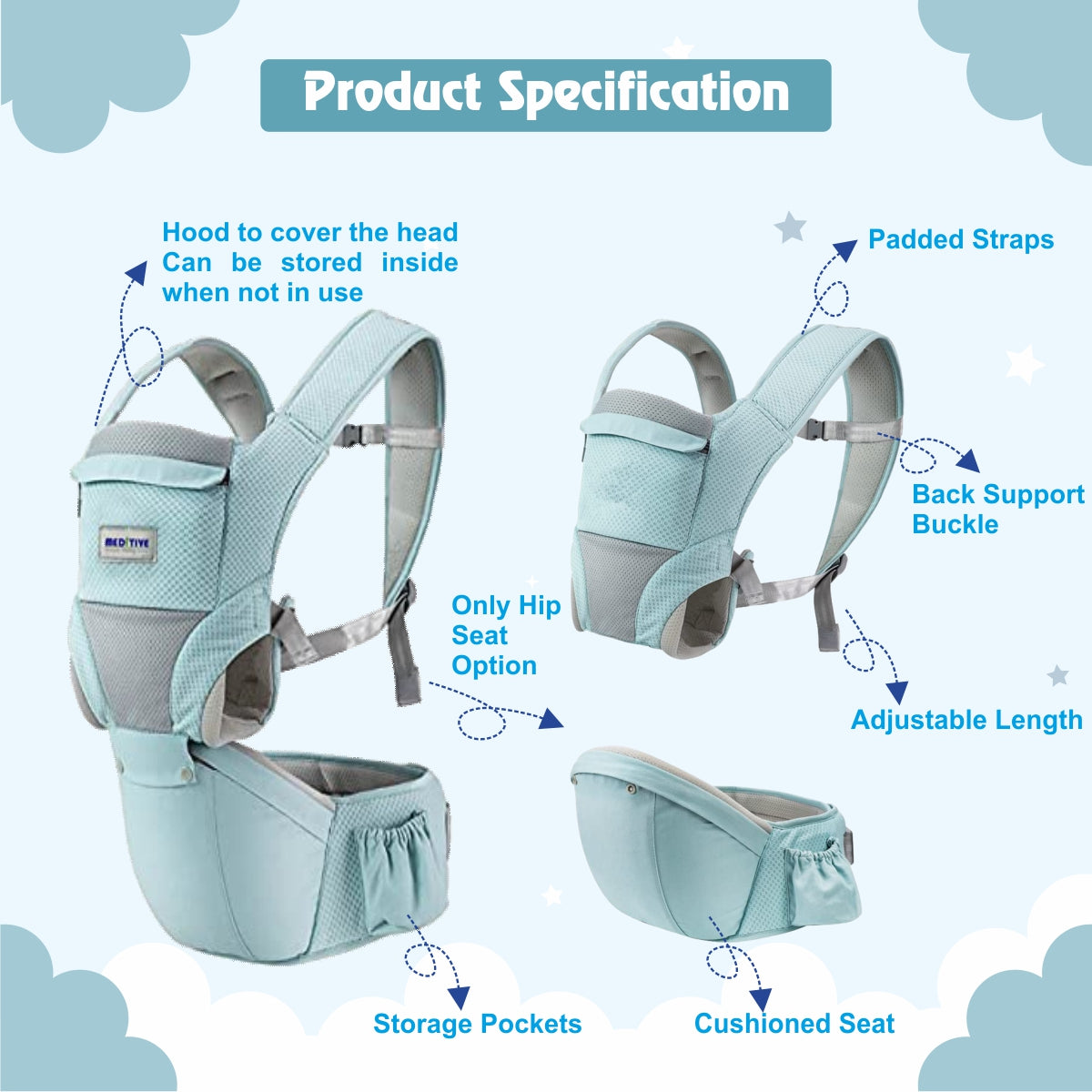 Baby Carrier with Detachable Hip Seat - Blue