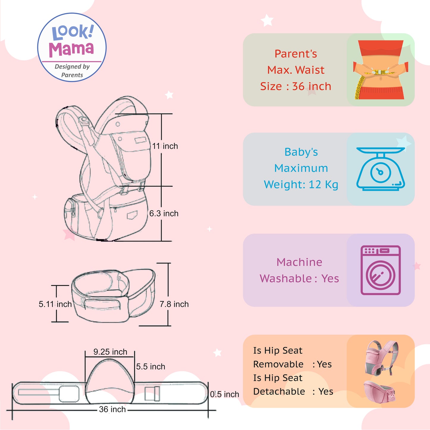 Baby Carrier with Detachable Hip Seat - Pink