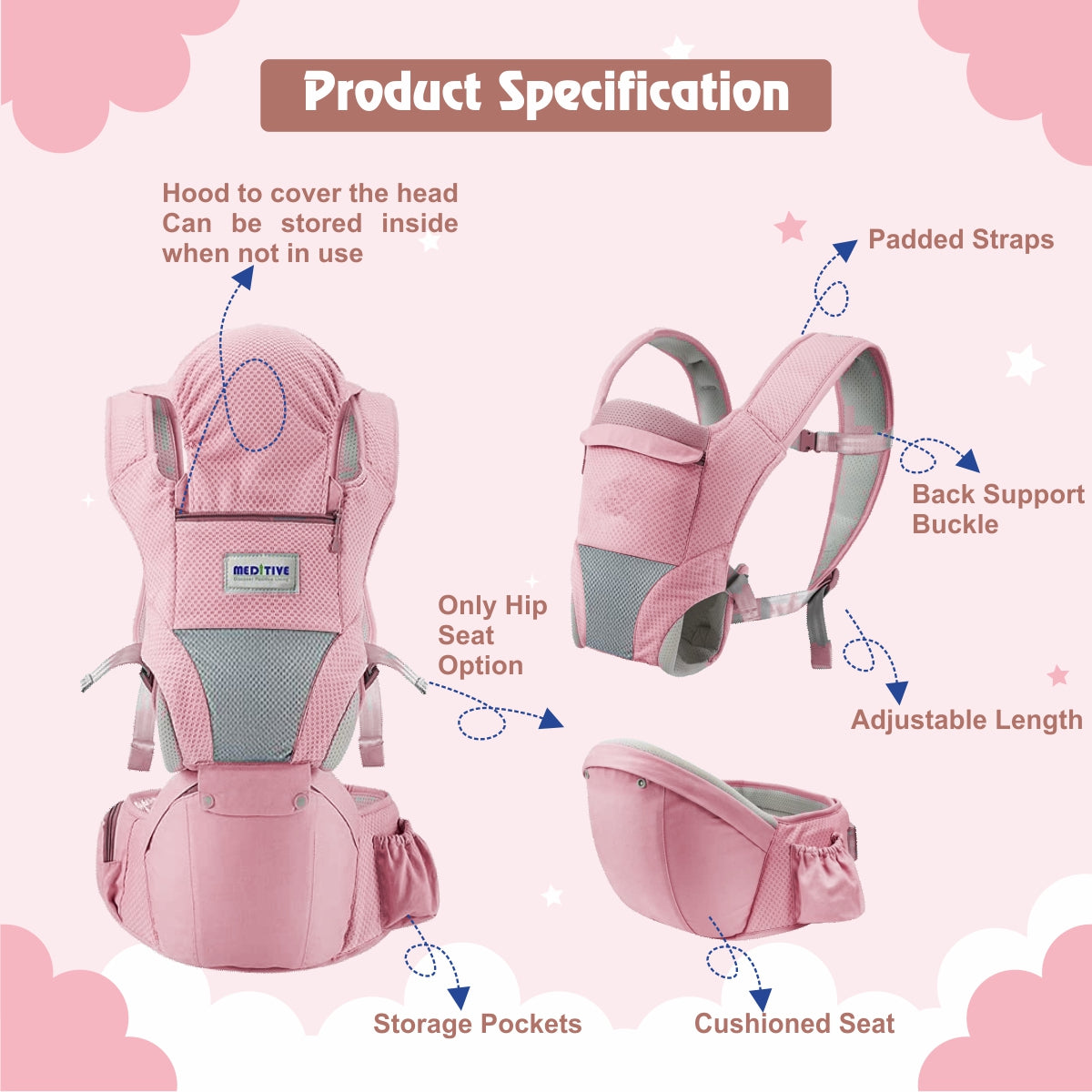Baby Carrier with Detachable Hip Seat - Pink