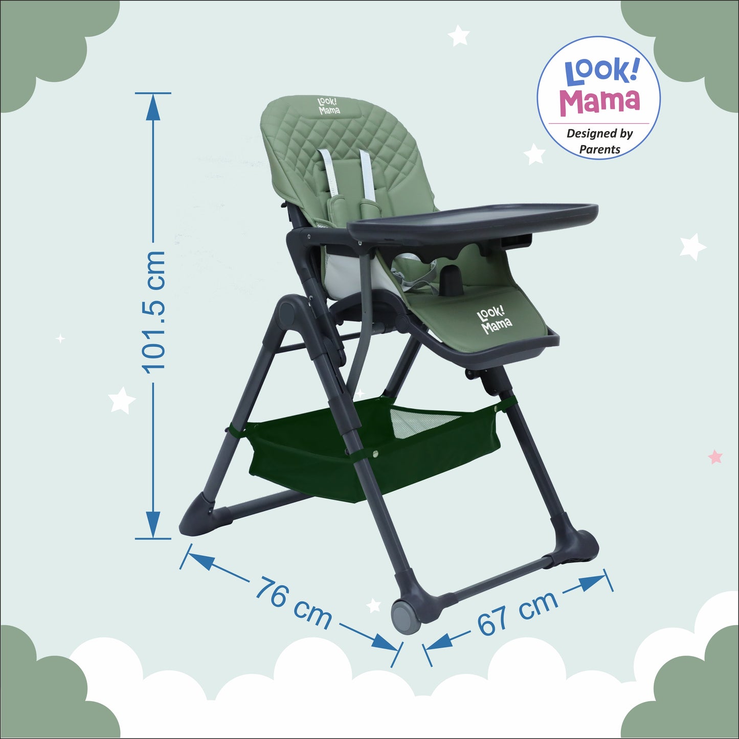 Folding Adjustable Baby High Chair with wheels, Feeding table Cum Bosster Seat - Grey