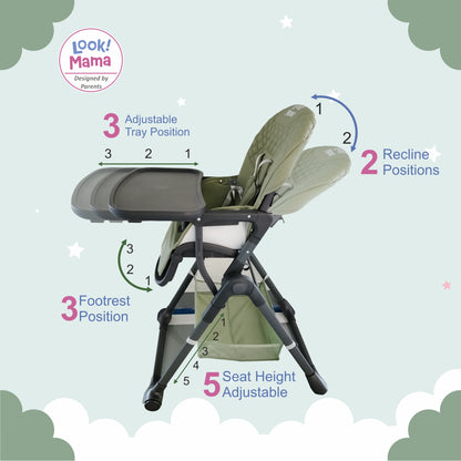 Folding Adjustable Baby High Chair with wheels, Feeding table Cum Bosster Seat - Grey