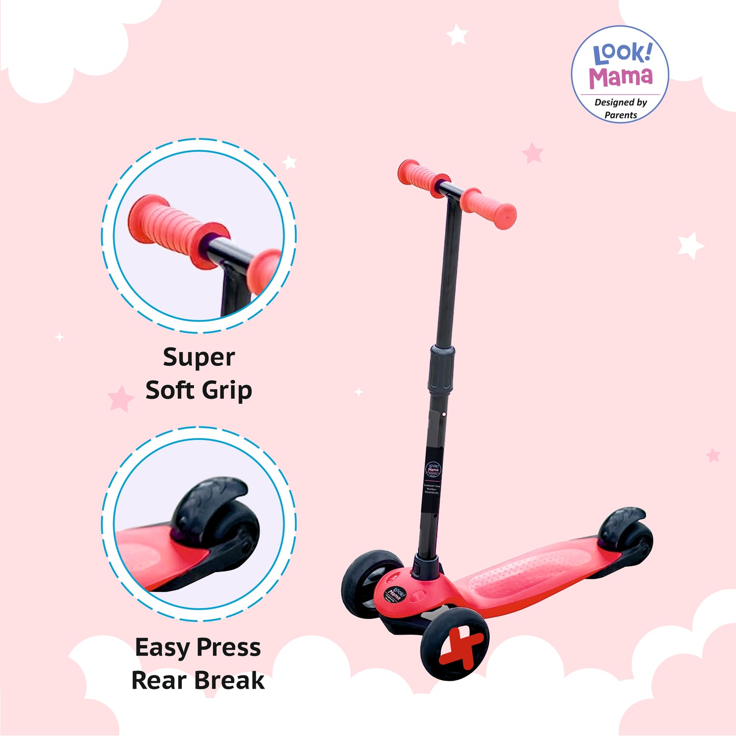 3-Wheel Road Runner Adjustable Height Handle Kick Scooter - Red