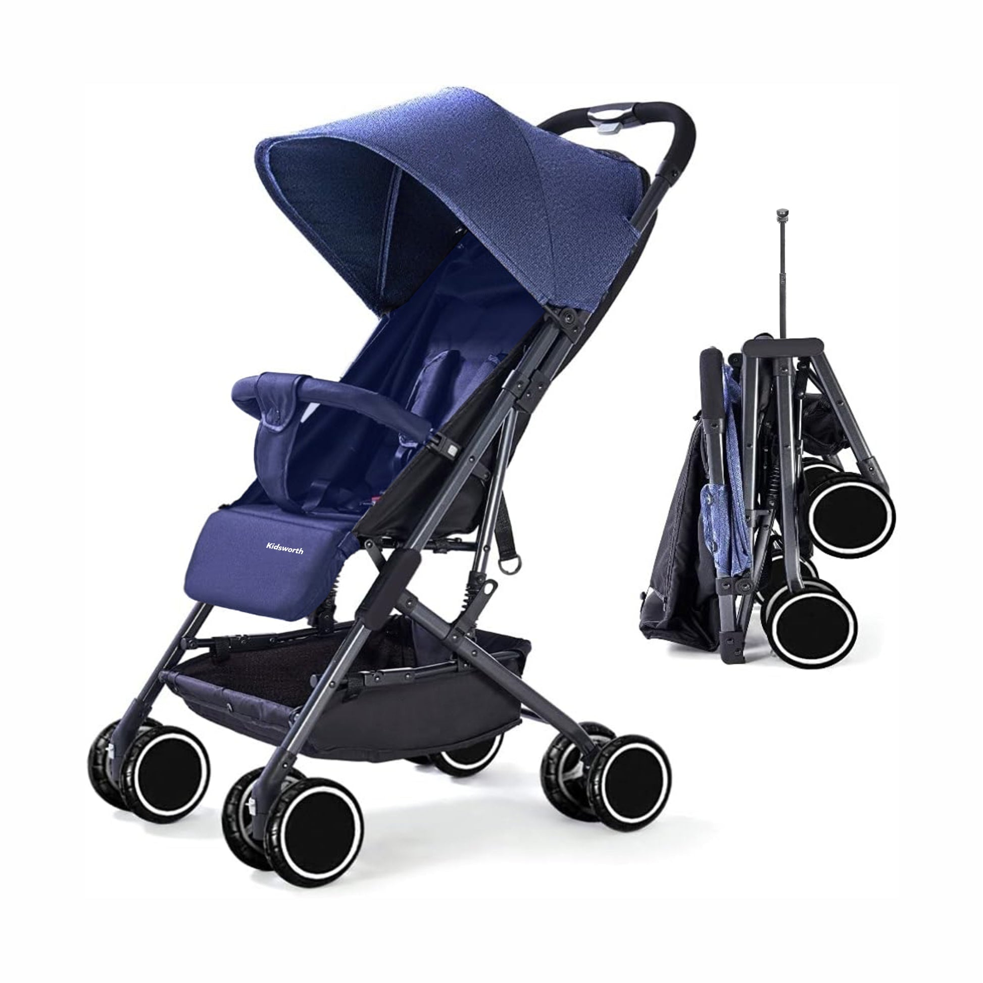 Foldable Baby Stroller Pram with Sun Canopy PU Wheels Blue
