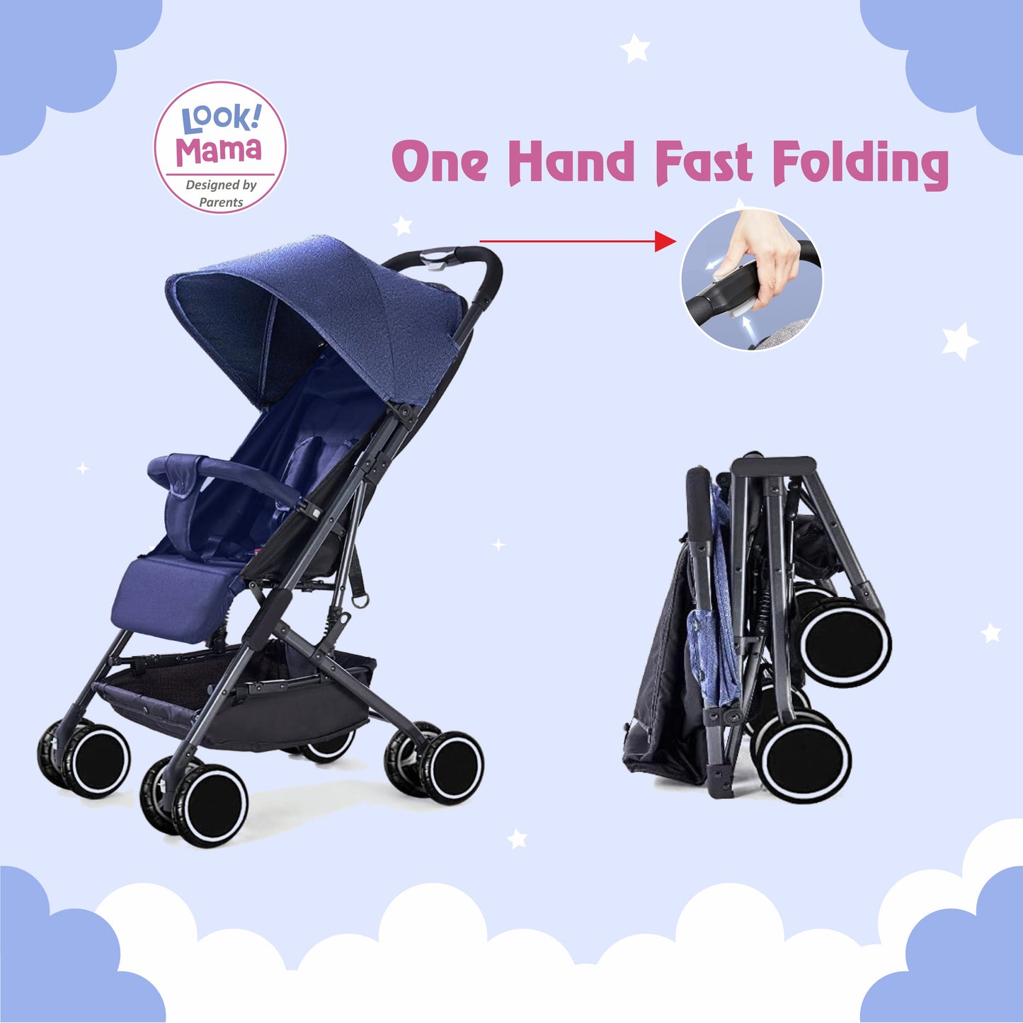 Foldable Baby Stroller Pram with Sun Canopy & PU Wheels - Blue