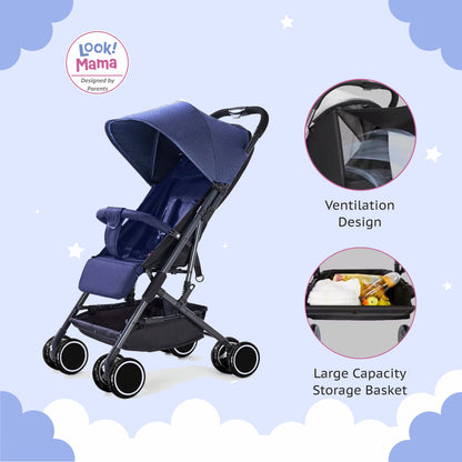 Foldable Baby Stroller Pram with Sun Canopy & PU Wheels - Blue