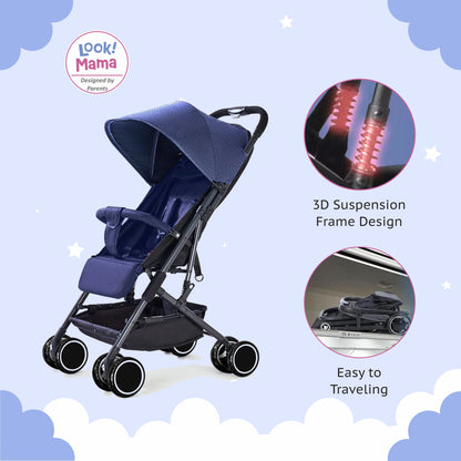 Foldable Baby Stroller Pram with Sun Canopy & PU Wheels - Blue