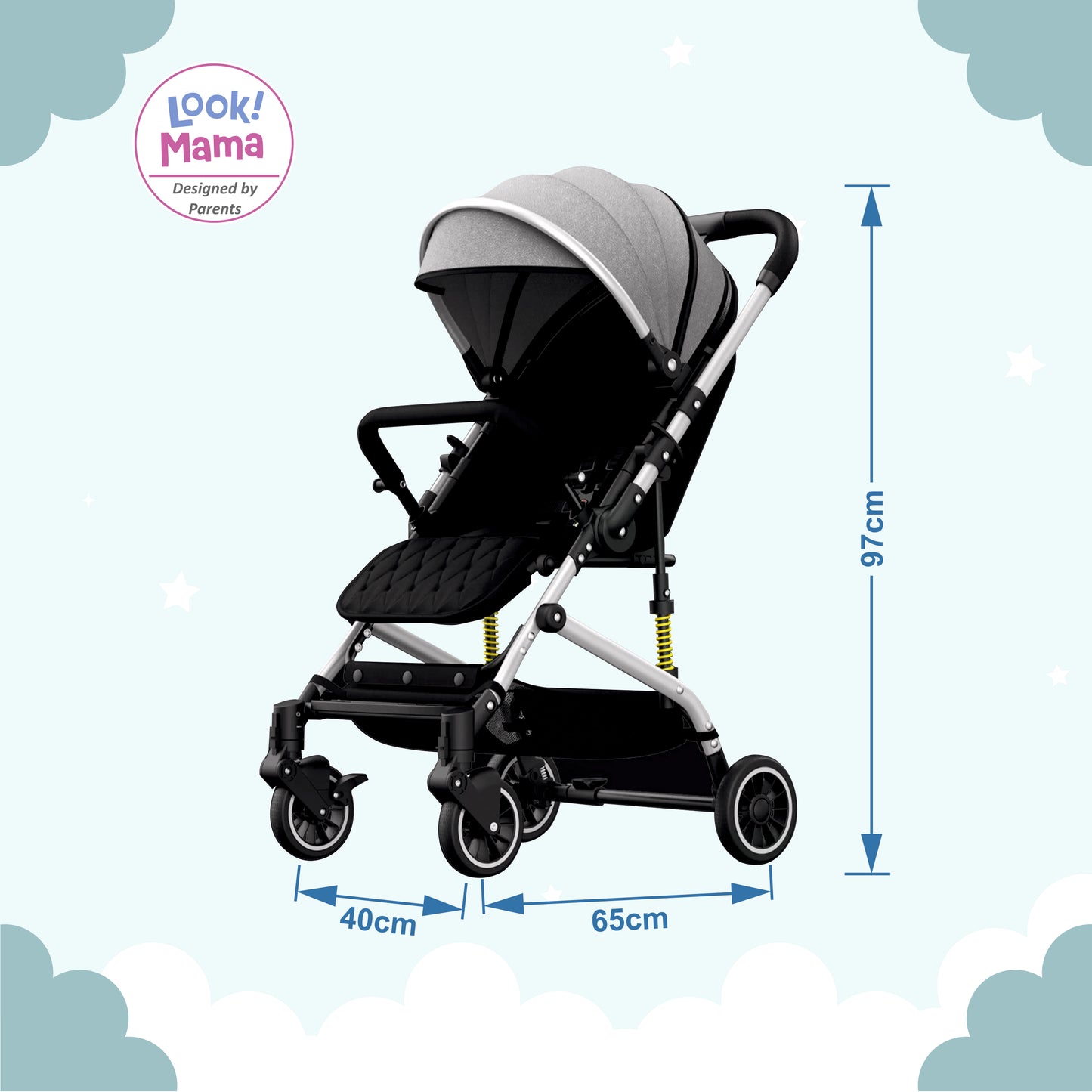 Foldable Baby Stroller Pram with Sun Canopy & PU Wheels - Grey