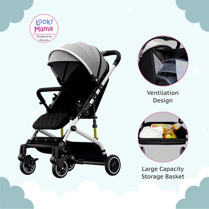 Foldable Baby Stroller Pram with Sun Canopy & PU Wheels - Grey