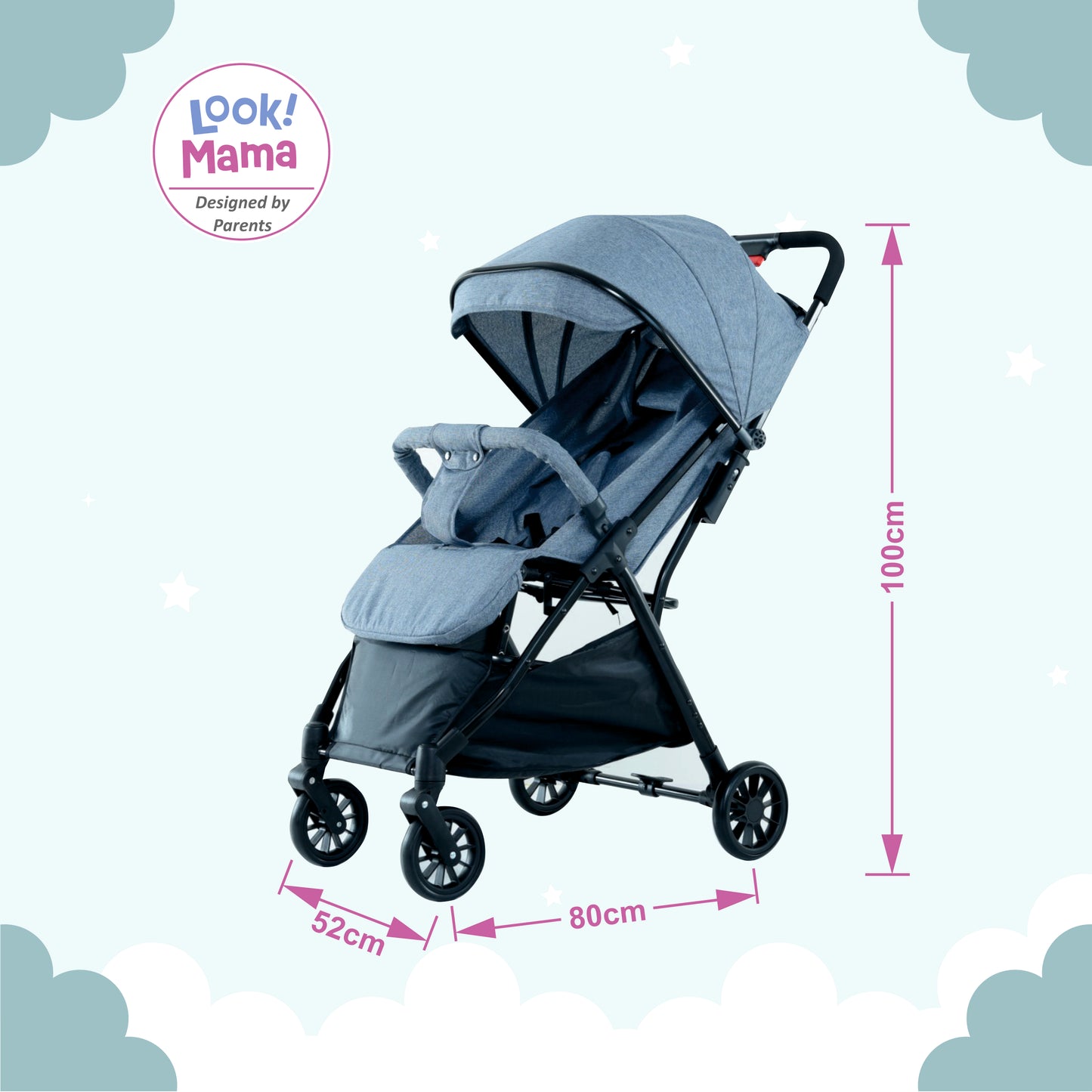 Foldable Baby Stroller Pram with Sun Canopy & PU Wheels - Grey