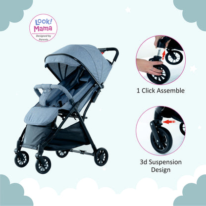 Foldable Baby Stroller Pram with Sun Canopy & PU Wheels - Grey