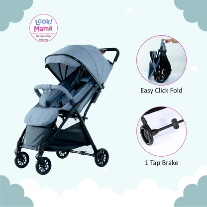 Foldable Baby Stroller Pram with Sun Canopy & PU Wheels - Grey