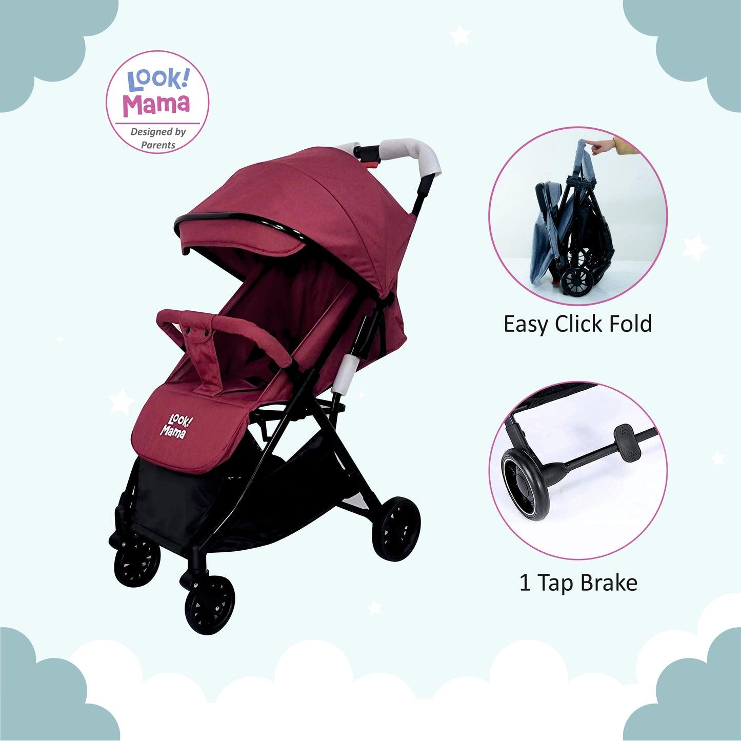 Foldable Baby Stroller Pram with Sun Canopy & PU Wheels - Red