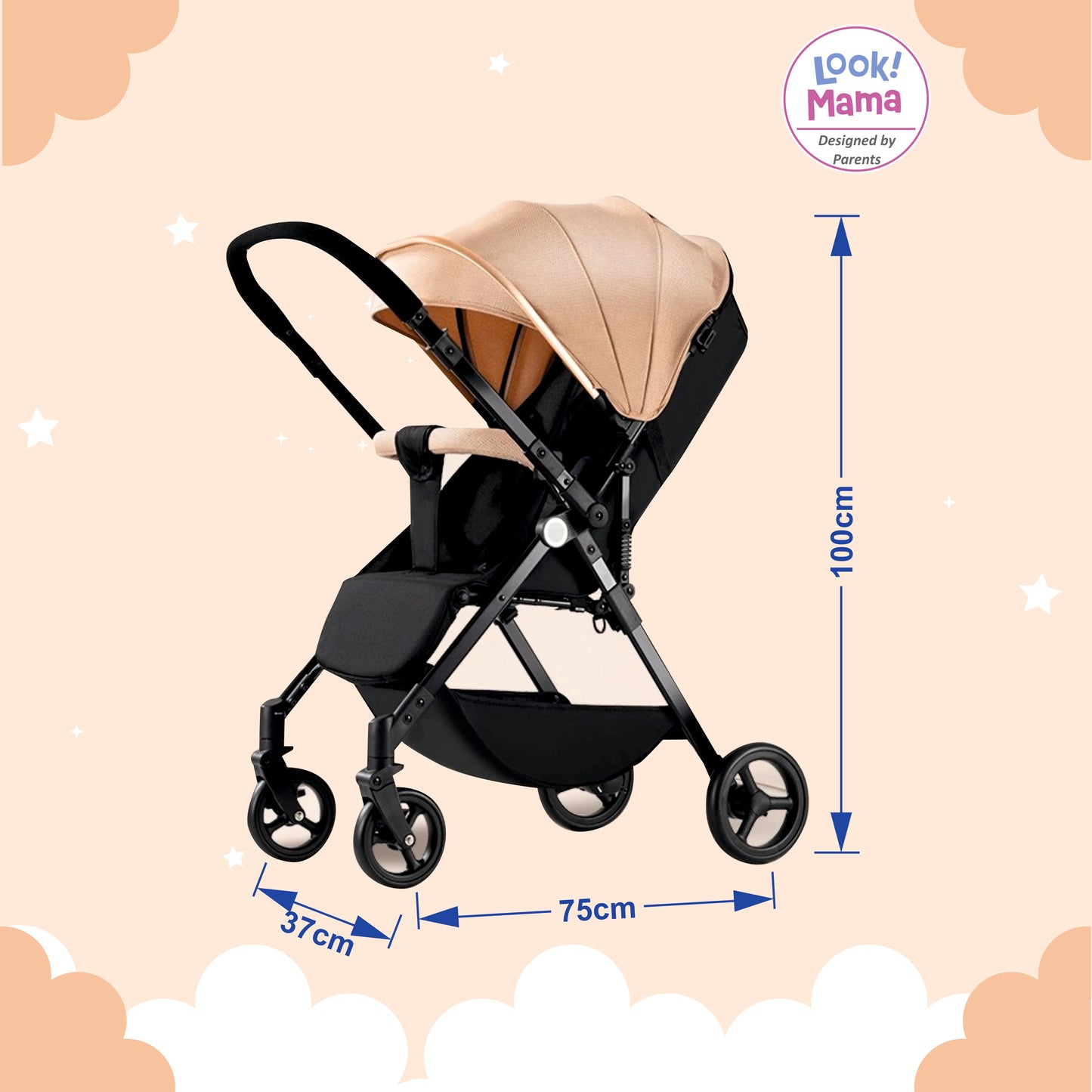 Foldable Baby Stroller Pram with Sun Canopy & PU Wheels - Beige