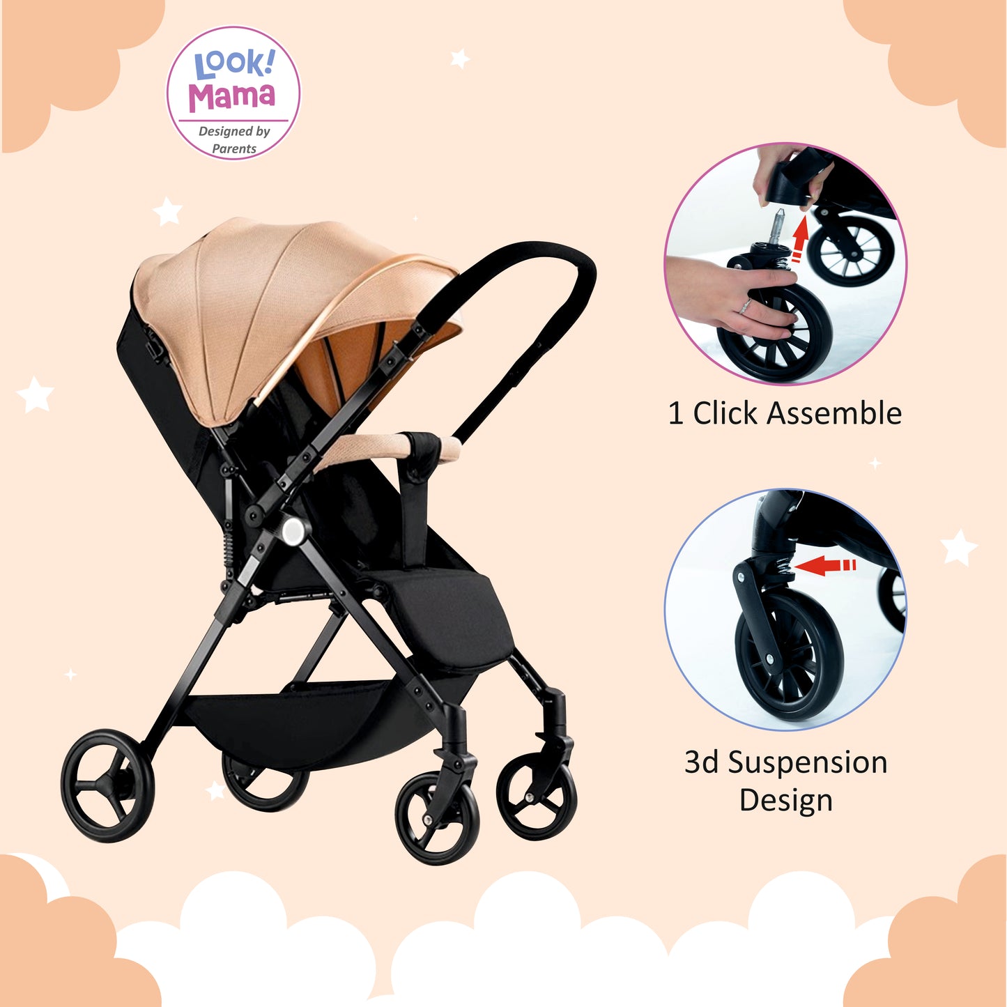 Foldable Baby Stroller Pram with Sun Canopy & PU Wheels - Beige