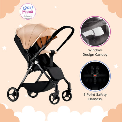 Foldable Baby Stroller Pram with Sun Canopy & PU Wheels - Beige