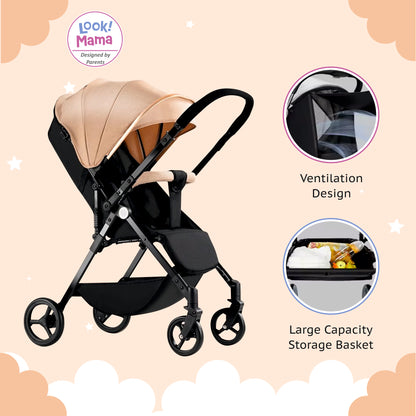 Foldable Baby Stroller Pram with Sun Canopy & PU Wheels - Beige