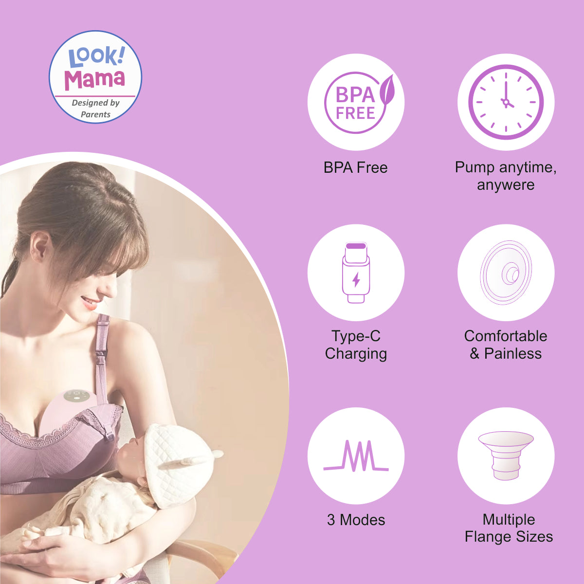 Look Mama Wearable Electric Breast Pump-hands free-with-3 modes,  Multiple flange sizes, Type C charging, 120ml milk Capacity