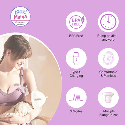 Look Mama Wearable Electric Breast Pump-hands free-with-3 modes,  Multiple flange sizes, Type C charging, 120ml milk Capacity